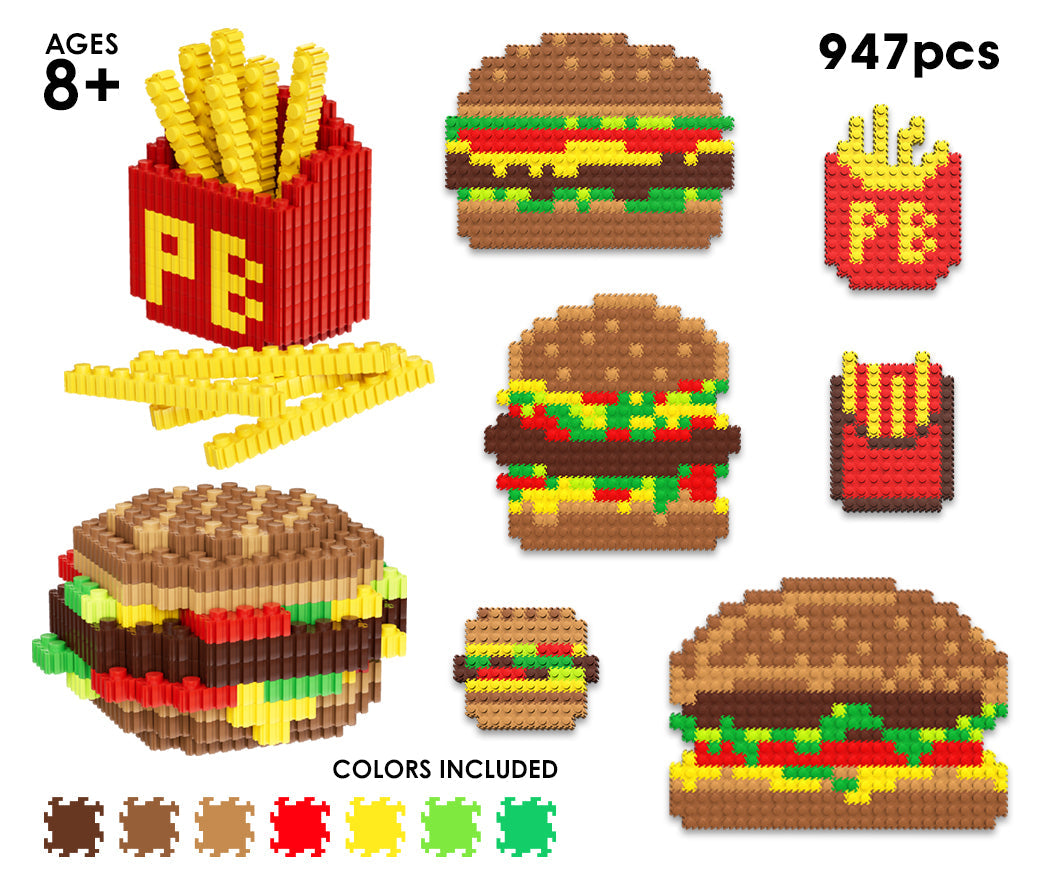 Pix Brix Food Bottle – Hamburger & Fries Set | Build 2D & 3D Pixel Fast Food Fun