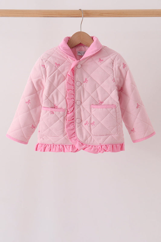 Pink corduroy bow embroidery ruffle jacket