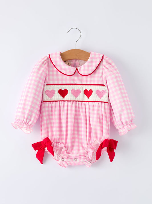 Girls' Valentine's Day Heart-embroidered Plaid Baby Romper