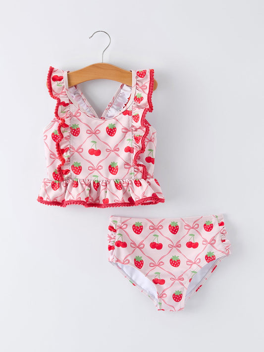 Summer Strawberry Cherry Ruffle Girl Swimwear Set