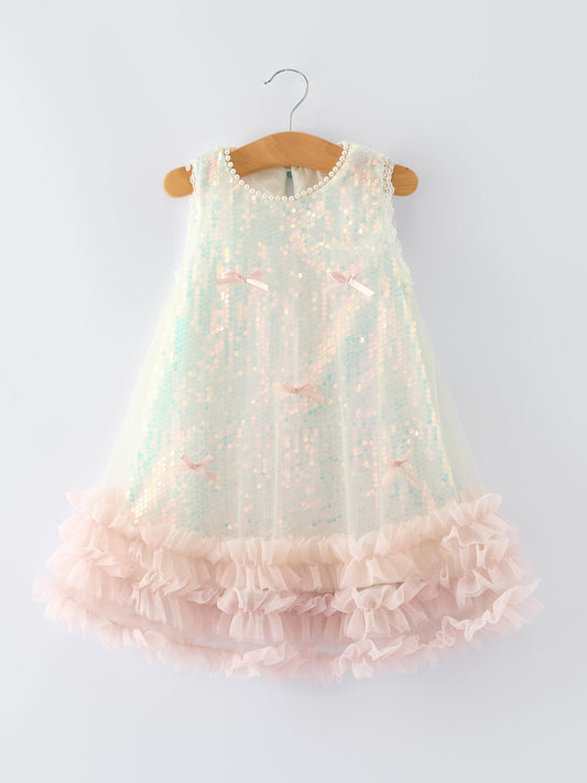 Iridescent Sequin Bow Ruffle Tulle Girls Dress