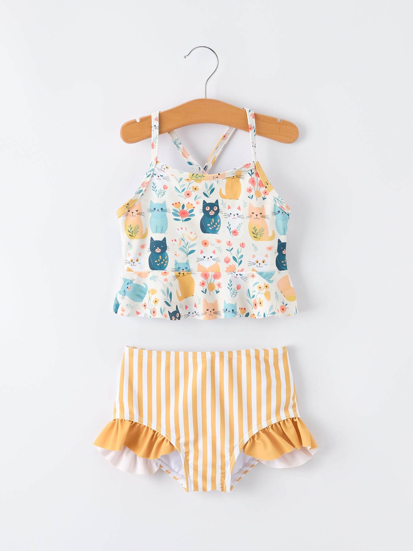 Summer Cat Print Girls Two Piece Swimsuit