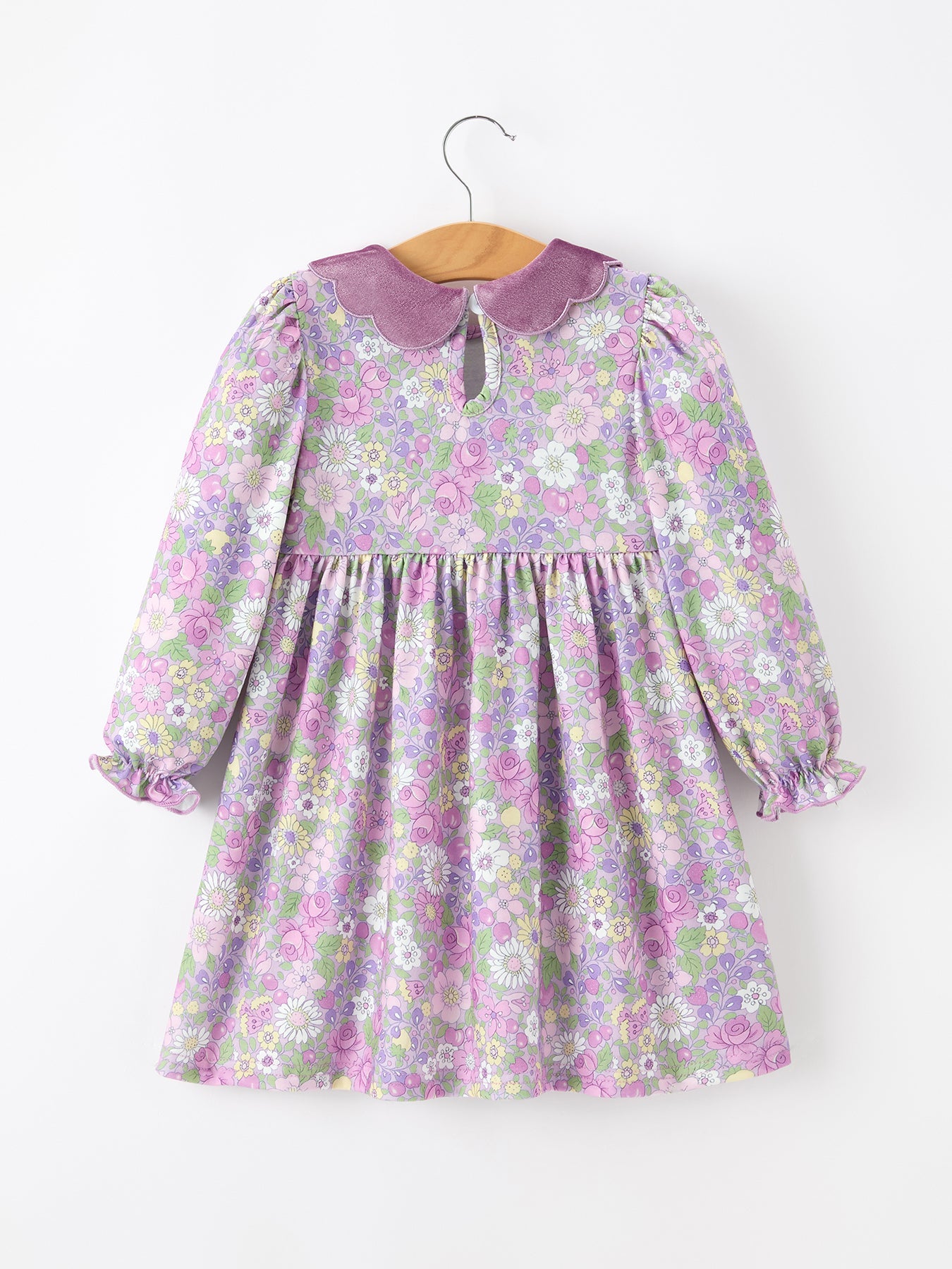 Purple Floral Girls Dress Velvet Collar Bow Long Sleeve Dress