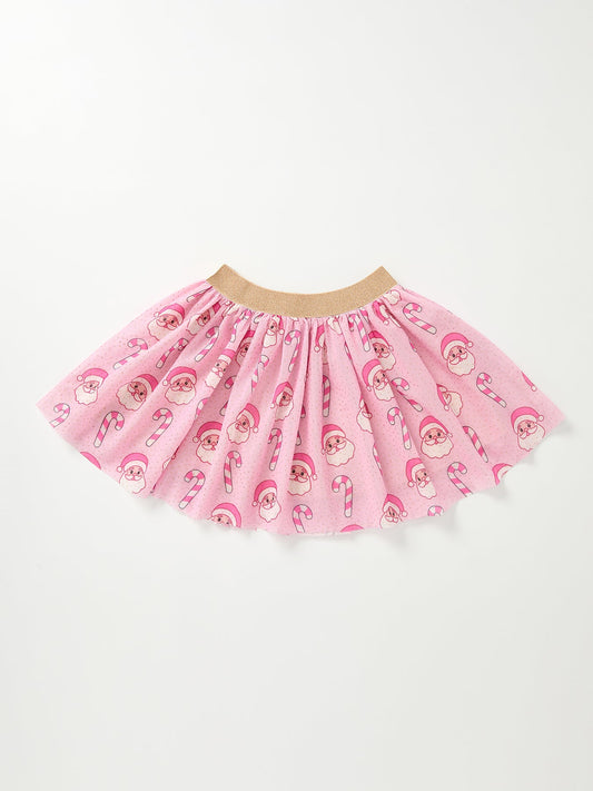 Girls Pink Christmas Santa Candy Cane Print Tutu Skirt