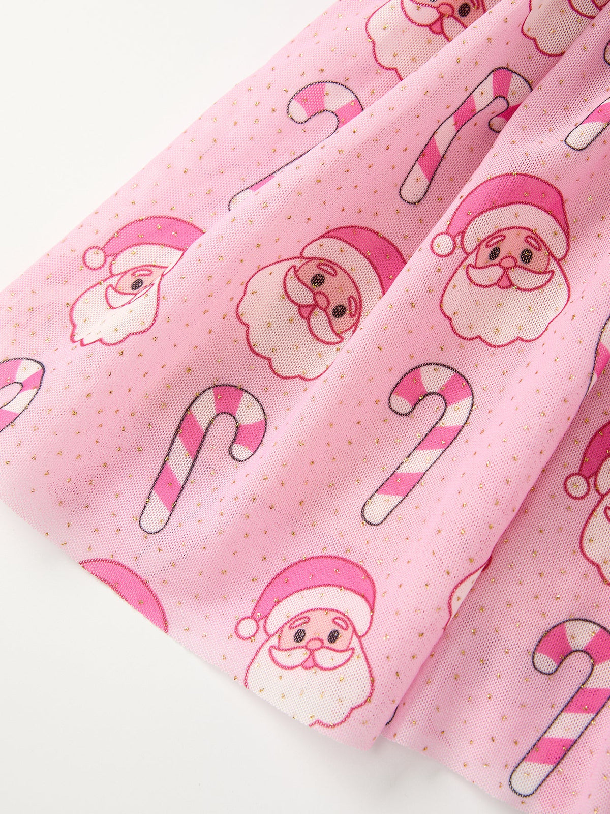 Girls Pink Christmas Santa Candy Cane Print Tutu Skirt