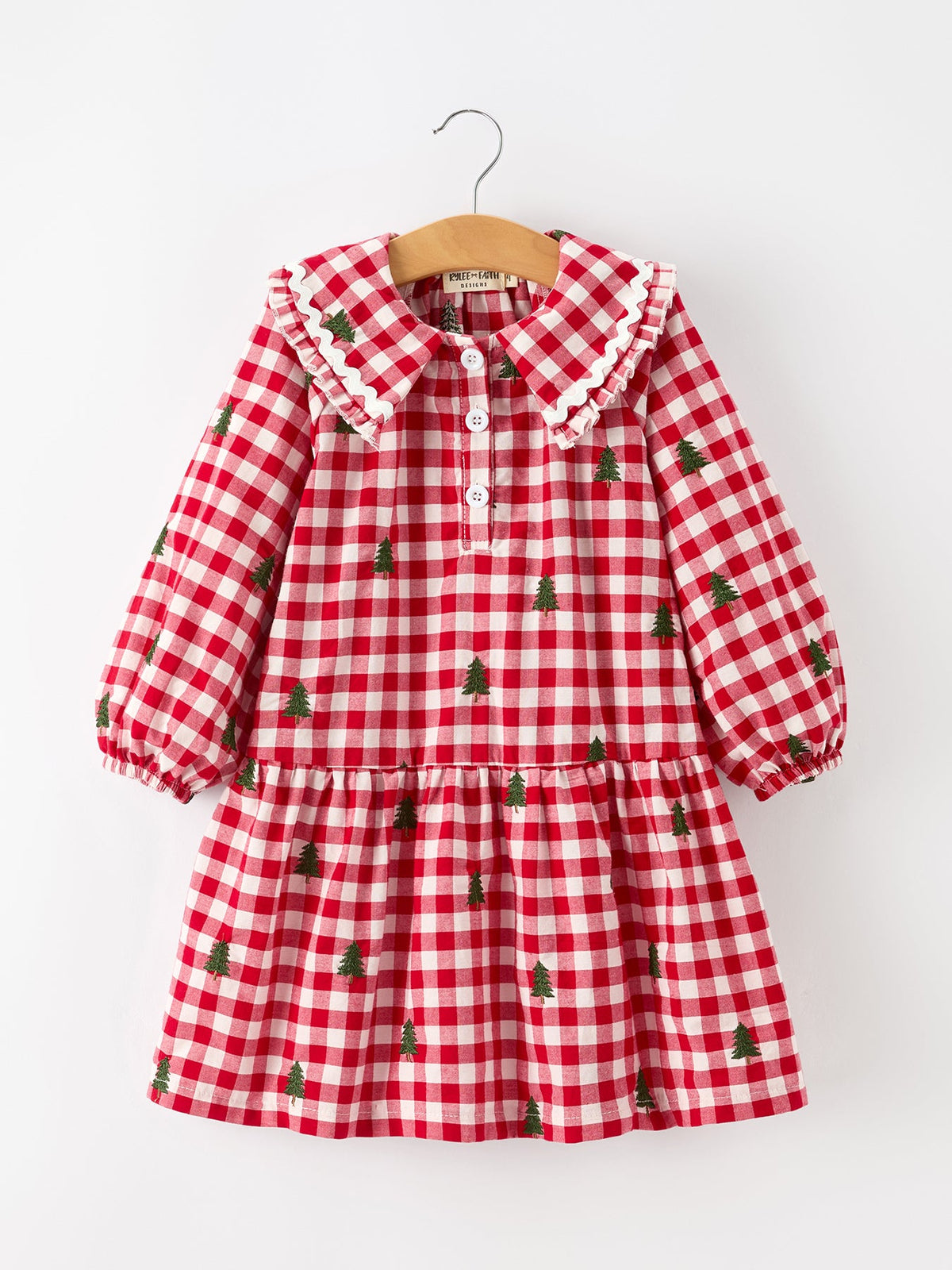 Christmas Tree Embroidered Plaid Girls Ruffle Collar Dress