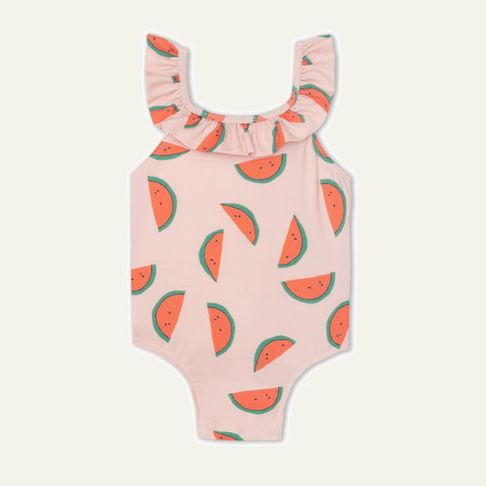 Recycled Polyester Watermelon Slices Ruffle Kid Swimsuit - Sepia Rose/multi