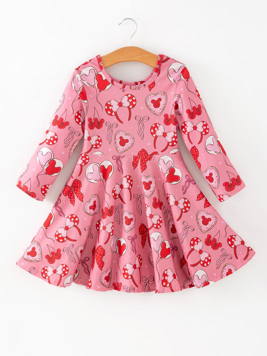 Toddler Girls Valentine Party Pink Dress – Red Bow Heart Print Outfit