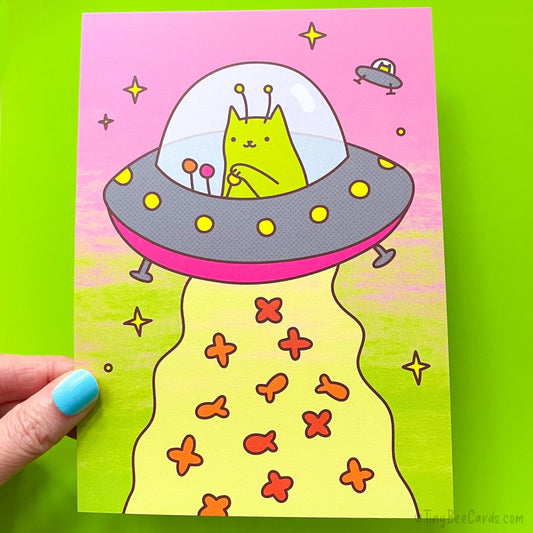 Alien Space Cat Art Print - Funny UFO Cat Beaming Up Kibble (5x7)