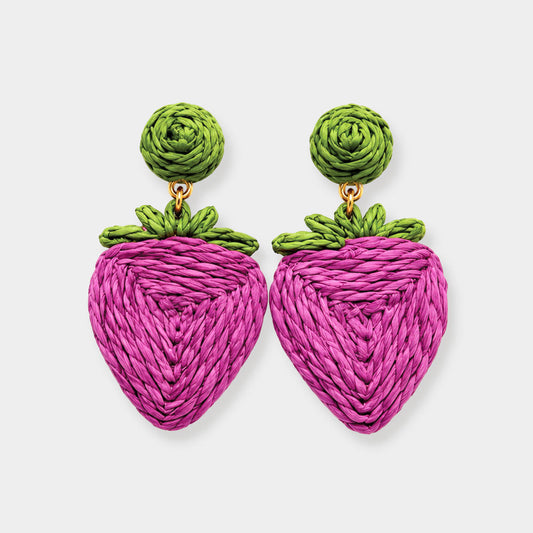Woven Raffia Strawberry Charm Drop Dangle Statement Earrings
