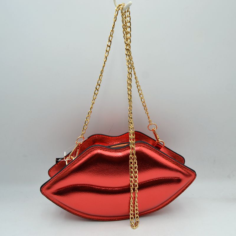 Metallic Lip Shaped Crossbody Bag with Chain Strap