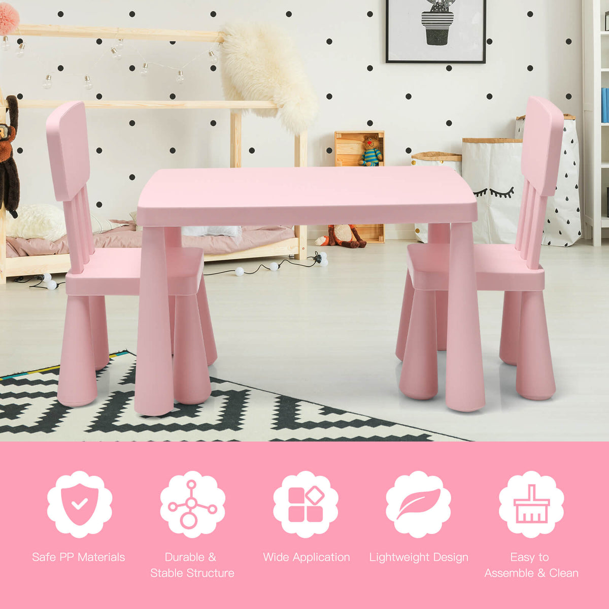 3 Pieces Toddler Multi Activity Play Dining Study Kids Table and Chair Set-Pink