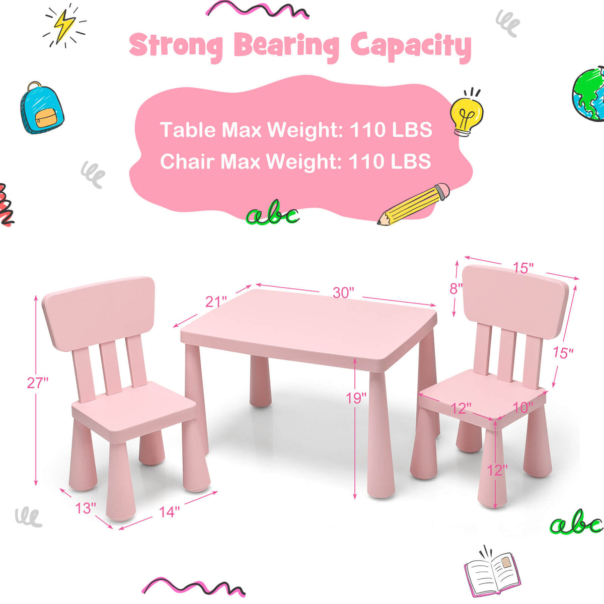 3 Pieces Toddler Multi Activity Play Dining Study Kids Table and Chair Set-Pink