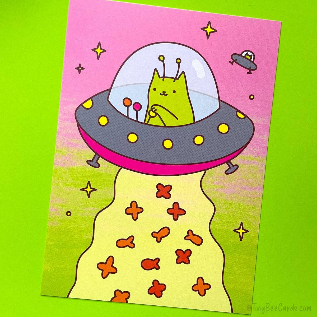 Alien Space Cat Art Print - Funny UFO Cat Beaming Up Kibble (5x7)